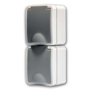 McPower FIX Doppelsteckdose Vertikal IP54, Aufputz Feuchtraum Steckdose, hellgrau/grau.