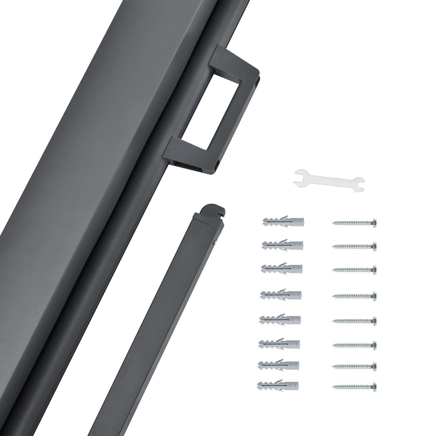 Juskys Seitenmarkise Dubai 500x160cm Dunkelgrau, Details mit Schrauben und Werkzeug.