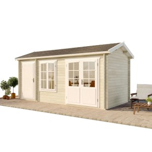 Unbehandeltes Alpholz Gartenhaus Bolton 28 XL mit Anbaudach und Doppeltür.