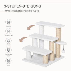 Weiße PawHut Haustiertreppe mit 3 Stufen, Kratzbaum und Spielball für Katzen und kleine Hunde.