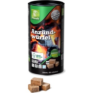 Flash Anzündwürfel aus Holz und Wachs, 100 Stück in Dose. Brennstoff für Grill, Kamin und Ofen.