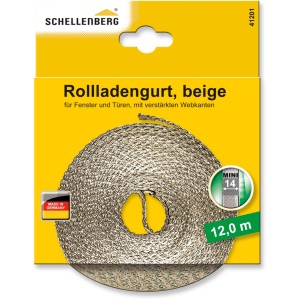 Schellenberg Rollladengurt Mini, 14 mm breit, 12 m lang, beige, aufgerollt auf gelber Verpackung.