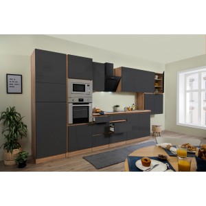 Respekta Premium Küchenzeile Grifflos 435 cm Grau Hochglanz-Eiche Sägerau
