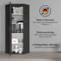 Anthrazitfarbener mokebo Eckschrank „Der Lange“ mit geöffneter Tür und Einlegeböden.