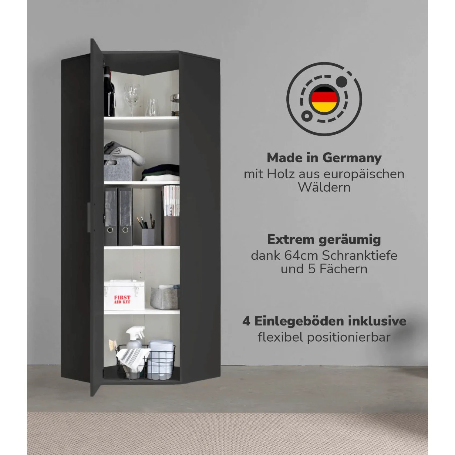 Anthrazitfarbener mokebo Eckschrank „Der Lange“ mit geöffneter Tür und Einlegeböden.