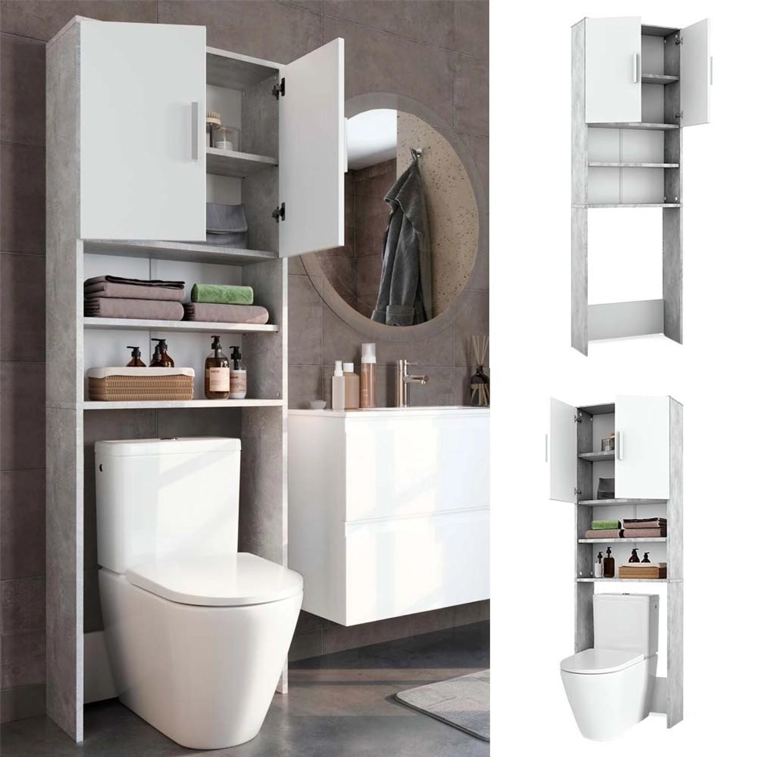 Vicco Toilettenschrank in Beton/Weiß, 64x190cm, mit zwei Türen für mehr Stauraum im Bad.