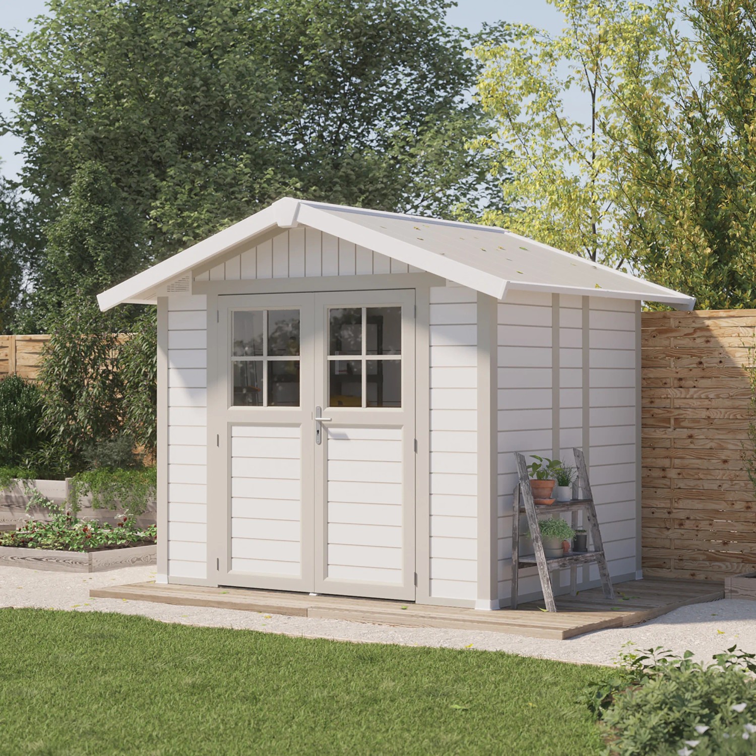 Grosfillex Kunststoff-Gartenhaus Deco 4,9 in Graugrün mit Doppeltür. Ideal zur Aufbewahrung im Garten.