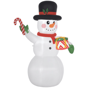 Aufblasbarer Schneemann mit schwarzem Zylinder, rotem Schal, Zuckerstange und Geschenk. Mit LED-Beleuchtung für Weihnachtsdeko.