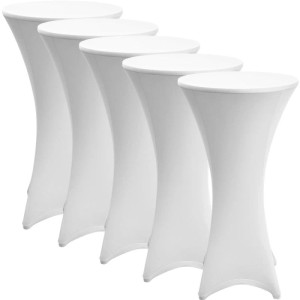 Fünf weiße Beautissu Stella Stretch-Stehtischhussen für Ø 80cm Tische, elegant und passgenau für Events.