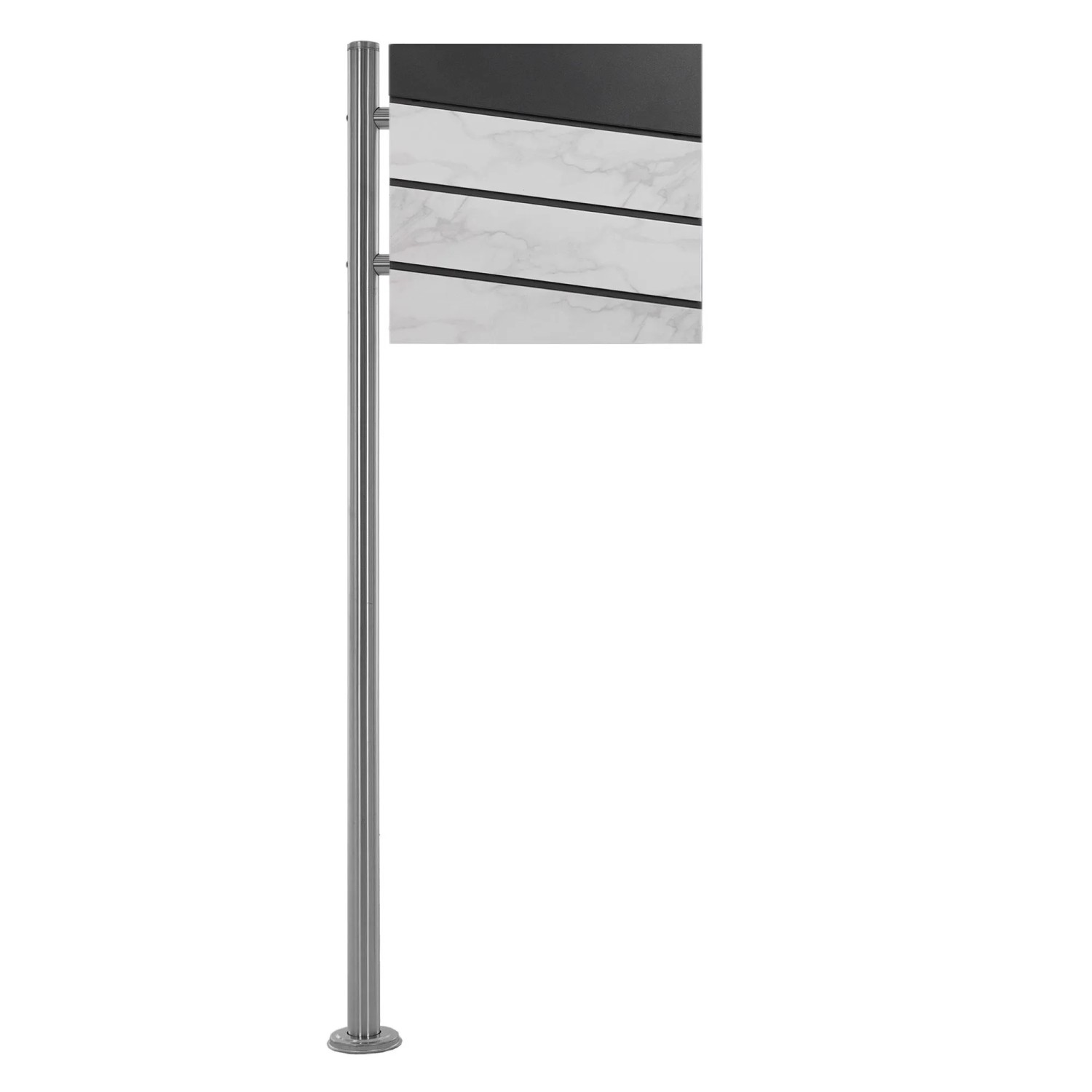 ML-Design Standbriefkasten in Weiß-Marmoroptik mit Zeitungsfach und silbernem Pfosten.