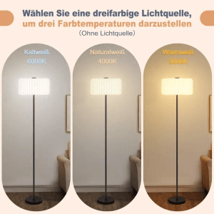 Vintage Stehlampe mit weißem Papierschirm zeigt drei Lichtfarben: Kaltweiß, Naturweiß, Warmweiß. Ideal für Wohnzimmer.