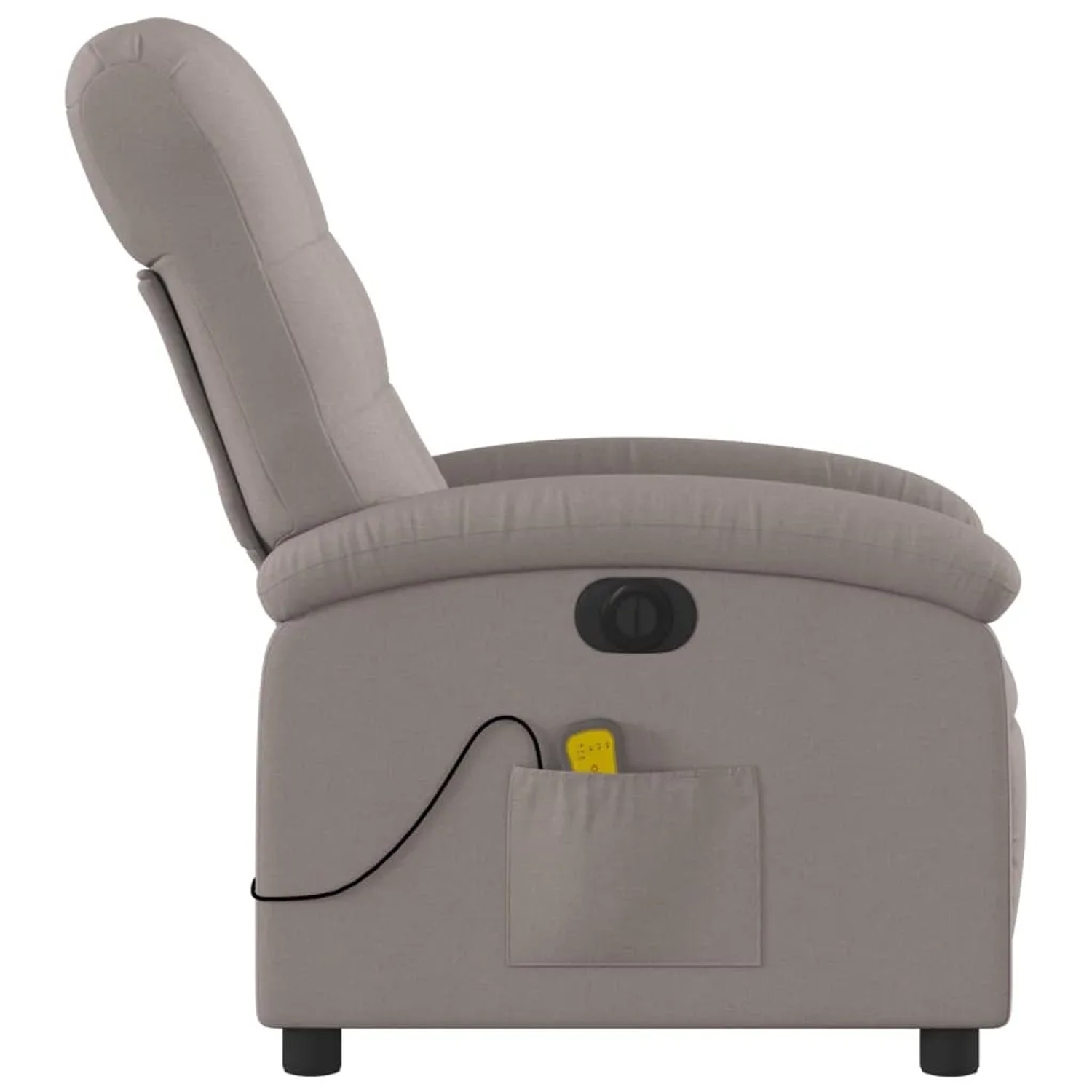 Elektrischer Massagesessel in Taupe mit Fernbedienung und Seitentasche.