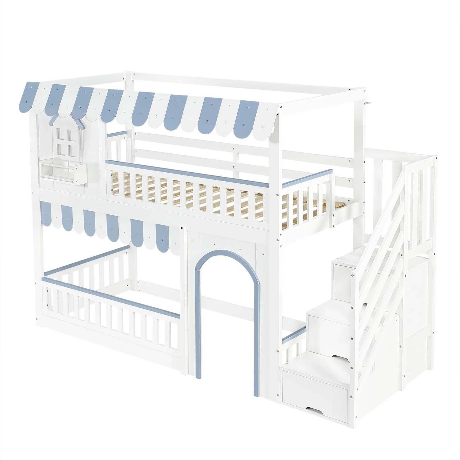 okwish Etagenbett 90x200cm mit Treppenschrank und Fenstern Weiß Blau ohne Matratze