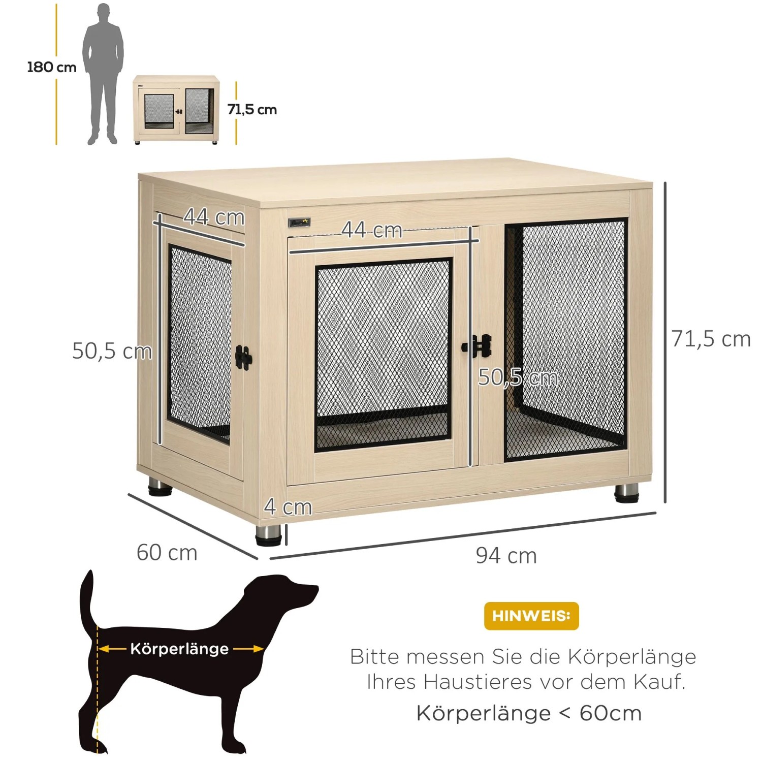 PawHut Hundekäfig Eiche mit 2 schwarzen Gittertüren, 94x60x71,5 cm. Dekorativer Hundezwinger für Zuhause.