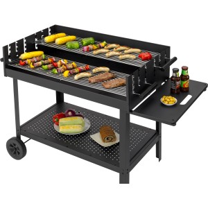 Schwarzer Tepro Atlanta Holzkohlegrillwagen mit Grillgut und Ablageflächen.