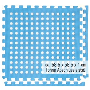Blaue eyepower Poolmatte (62x62cm) aus EVA-Schaumstoff mit Puzzle-System und Drainagelöchern. Bodenschutz für Pools.
