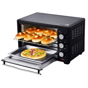 Steinborg Minibackofen SB-3002, 25 Liter, schwarz, mit Pizza und Gebäck.