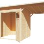 Bertilo Gerätehaus Pent Modern 3 Plus aus Holz mit Doppeltür und Vordach.