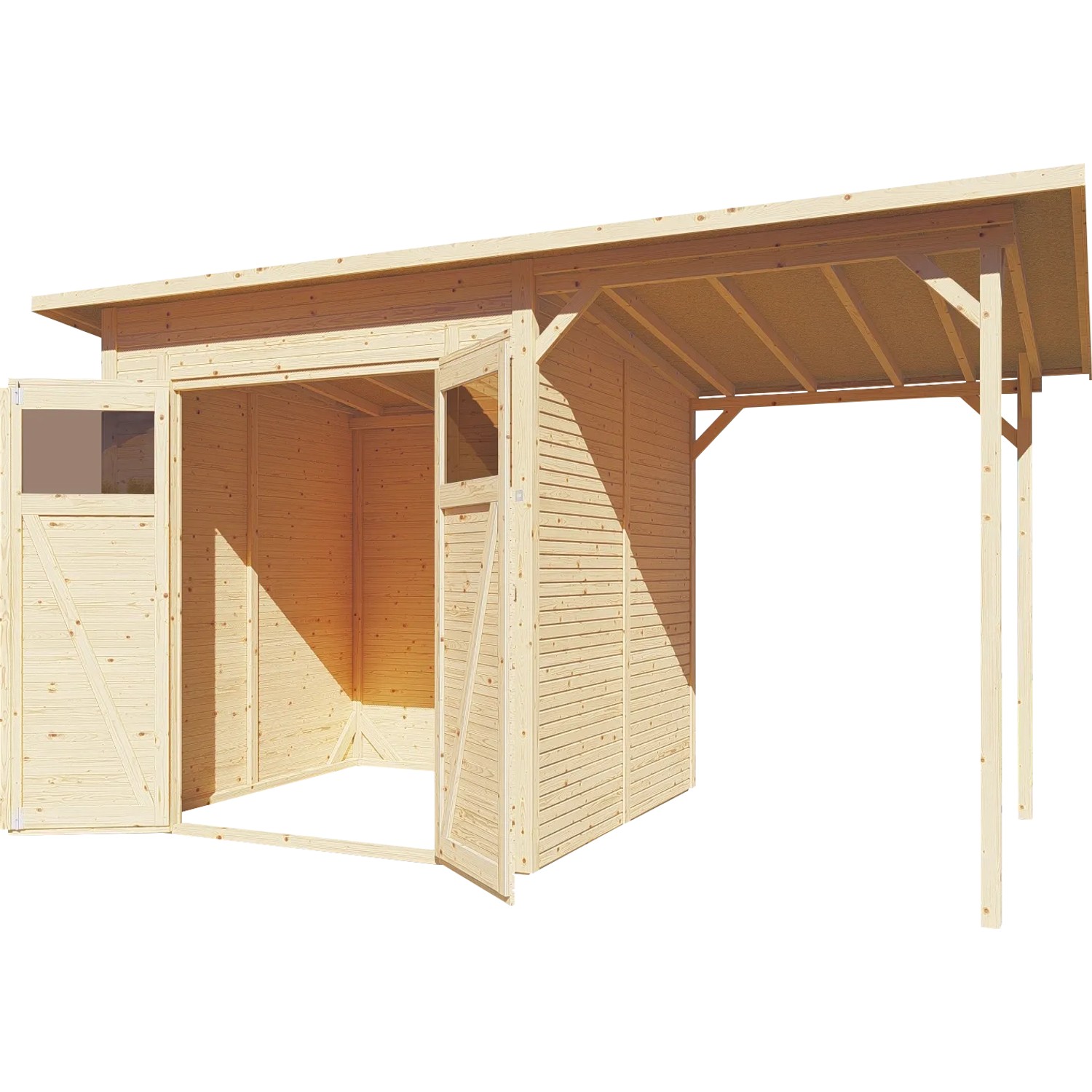 Bertilo Gerätehaus Pent Modern 3 Plus aus Holz mit Doppeltür und Vordach.