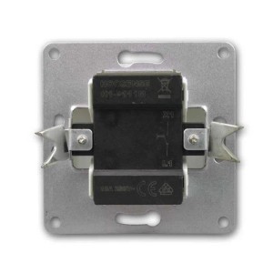 Rückseite des McPower FLAIR Unterputz-Tasters mit Montageplatte und schwarzem Modul, 250V 10A.