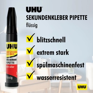 Uhu Sekundenkleber Blitzschnell Pipette, 3g, flüssiger Kleber mit Dosierspitze.