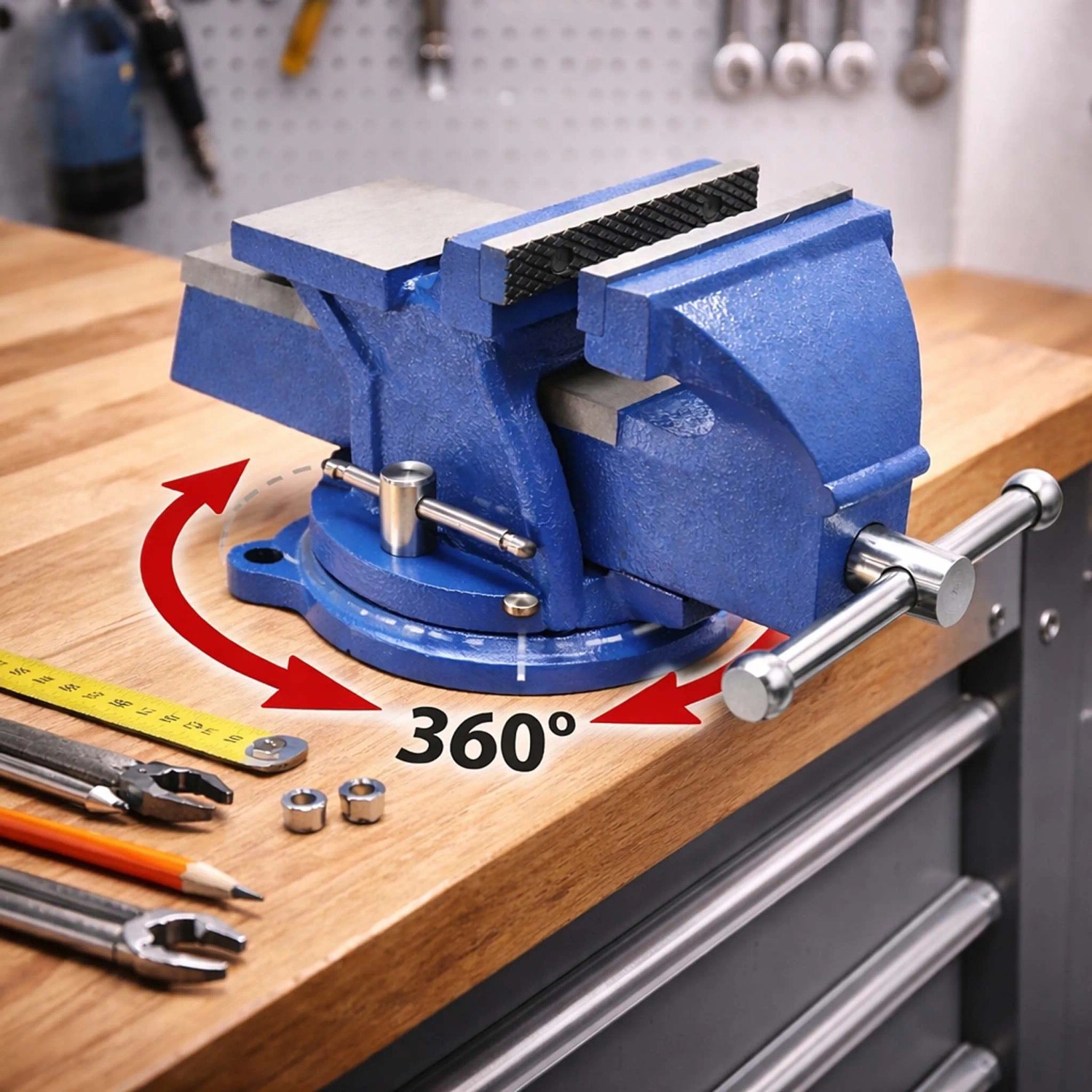 Blauer Wiltec Schraubstock 150mm auf Werkbank, 360° drehbar, mit Klemmbacken und Amboss. Vielseitiges Spannwerkzeug.