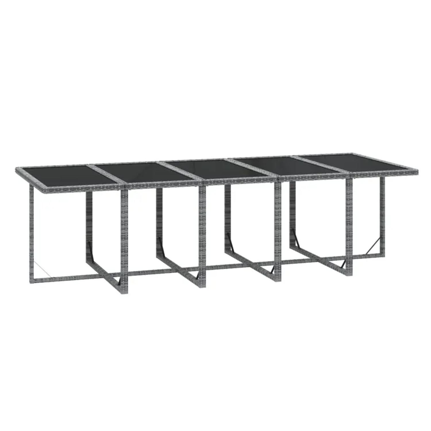 Graue 11-tlg. Garten-Essgruppe aus Rattan mit dunklen Kissen und Glasplatte. Gartenmöbel für 10 Personen.