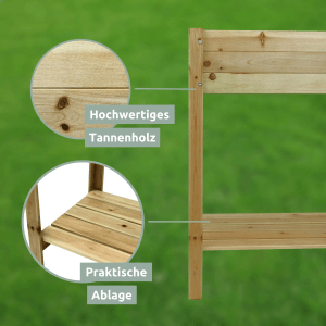 Detailansicht des holz4home Hochbeets aus Kiefernholz mit praktischer Ablage.