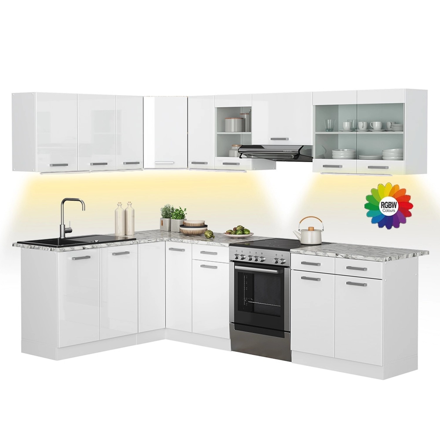 Vicco Rick Eckküche Weiß/Weiß Hochglanz 267 x 167 cm AP Marmor mit LED-Leis günstig online kaufen