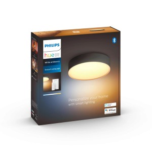 Verpackung der Philips Hue Enrave S Deckenleuchte in Schwarz mit Dimmer und Licht. 