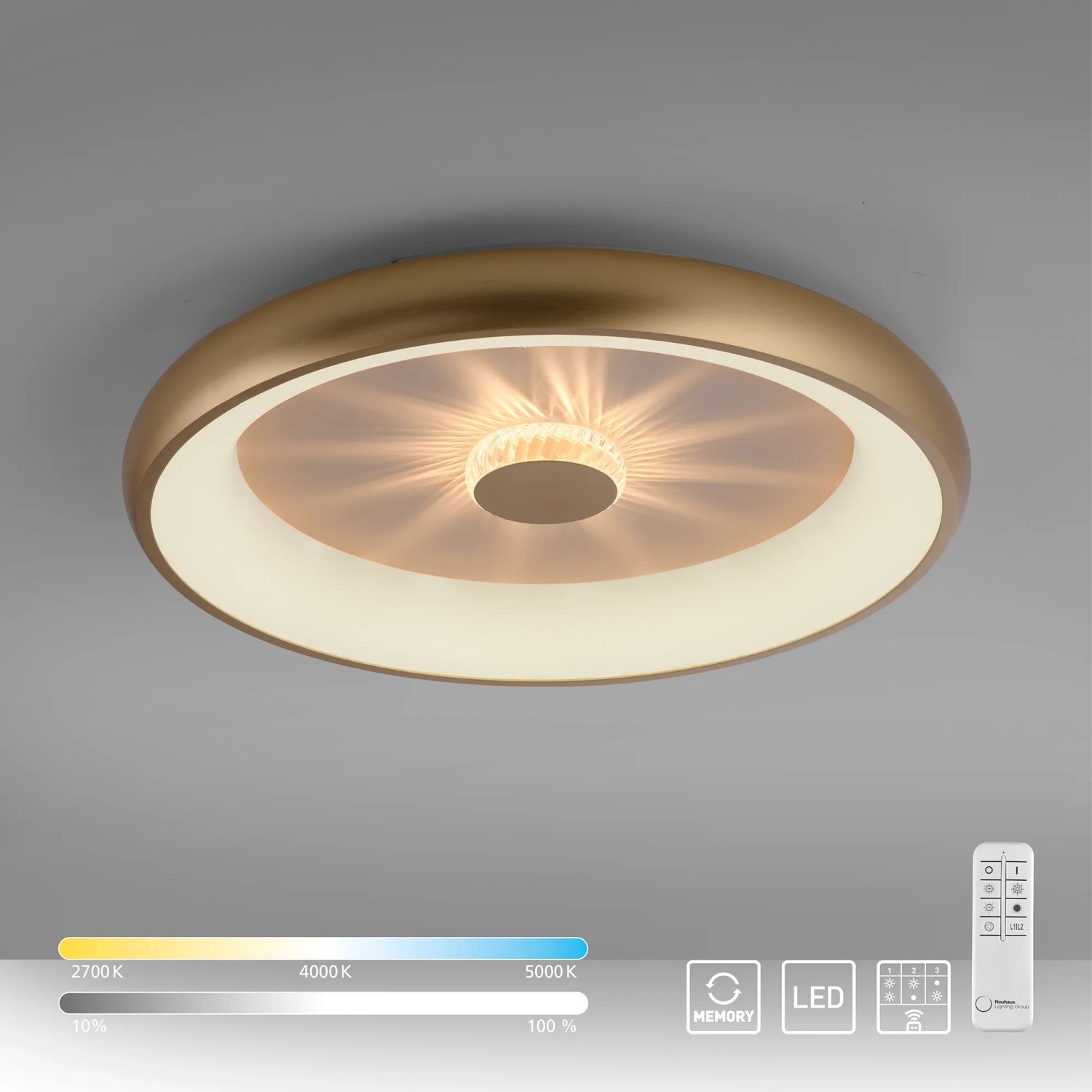 LED-Deckenleuchte Vertigo in Messing-Optik, dimmbar mit Kristalleffekt, Ø 61,5 cm.