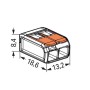 Wago Hebelklemme 221-412, 2-polig, für Leiter von 0,2-4 mm², mit Abmessungsangaben.
