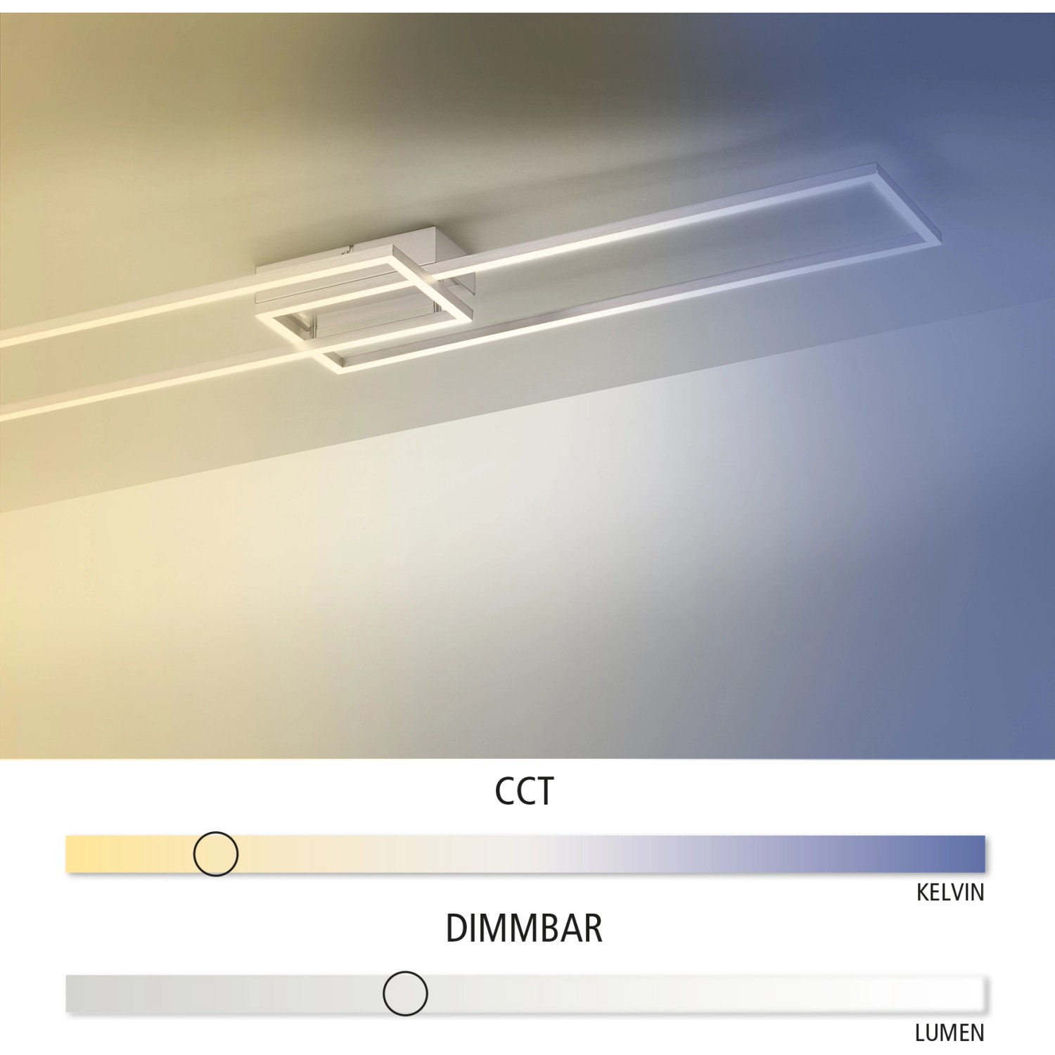 Moderne LED-Deckenleuchte Iven aus Stahl, 110x25 cm, mit CCT und Dimmfunktion.