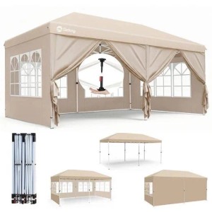 Beiger Sekey Faltpavillon 3x6 m mit 6 Seitenteilen, Fenstern und One-Touch-System. Wasserdichter Pop Up Pavillon.