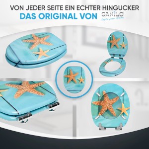 Sanilo WC-Sitz Starfish mit Absenkautomatik, Holz, blau mit Seestern-Motiv.
