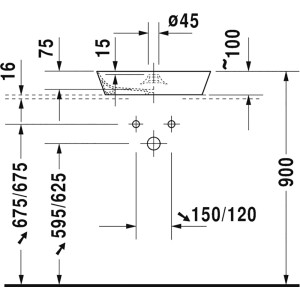 Technische Zeichnung Duravit Cape Cod Aufsatzwaschbecken, 48 cm, mit Maßen und Details zur Installation.
