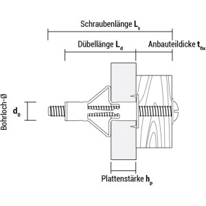 Celo Hohlraumdübel M4x20, technische Zeichnung der Montage in Gipskarton mit Schraube und Maßen.