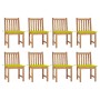 8er Set Gartenstühle aus Teakholz mit hellgrünen Kissen für Terrasse und Garten.