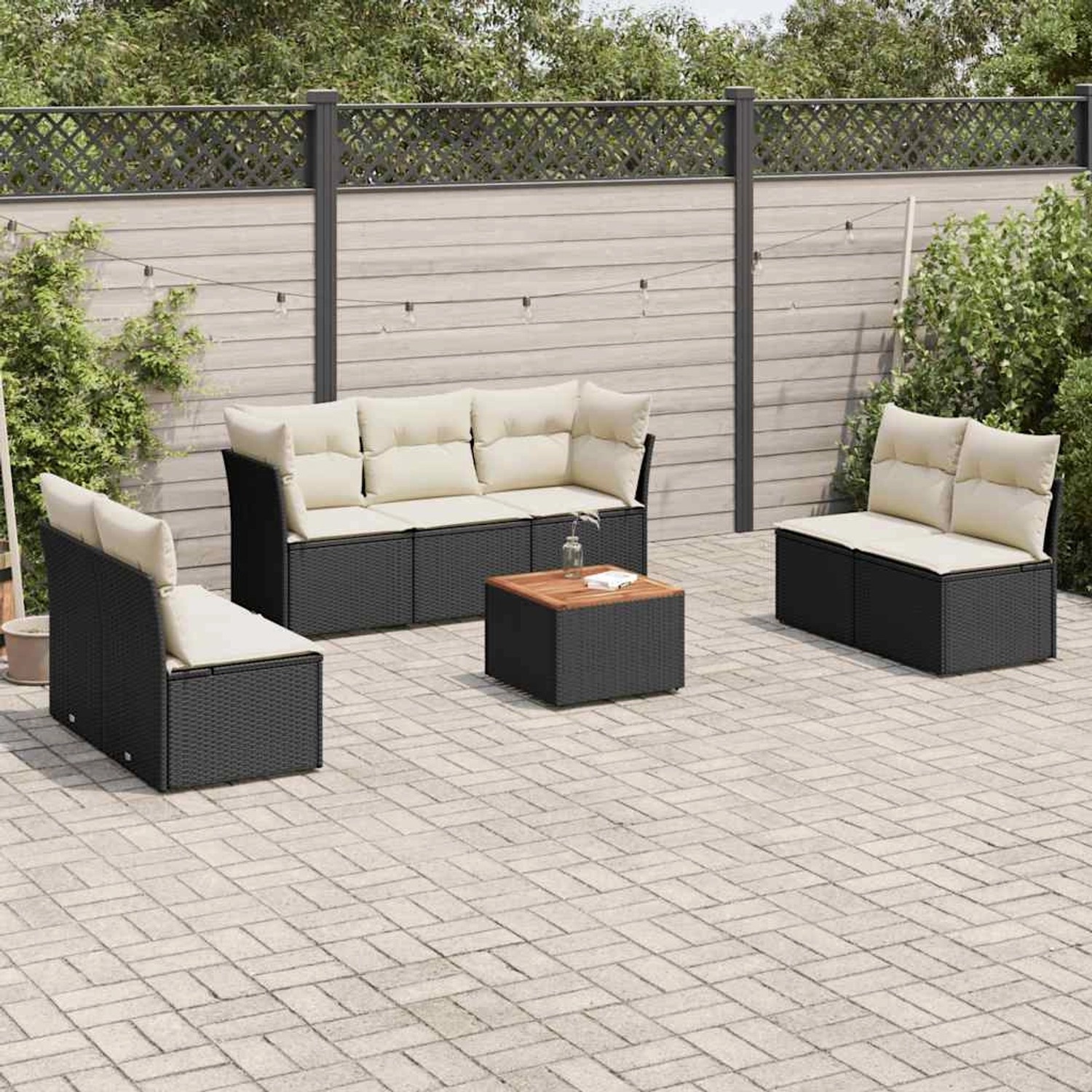 vidaXL 8-tlg. Garten-Sofagarnitur aus Poly Rattan, schwarz, mit cremefarbenen Kissen.
