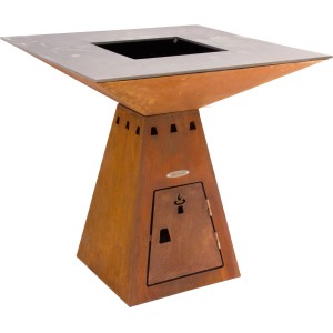 Remundi Feuerplatte Cube M Basic: Feuerschale mit Grillplatte aus Stahl, quadratisches Design.