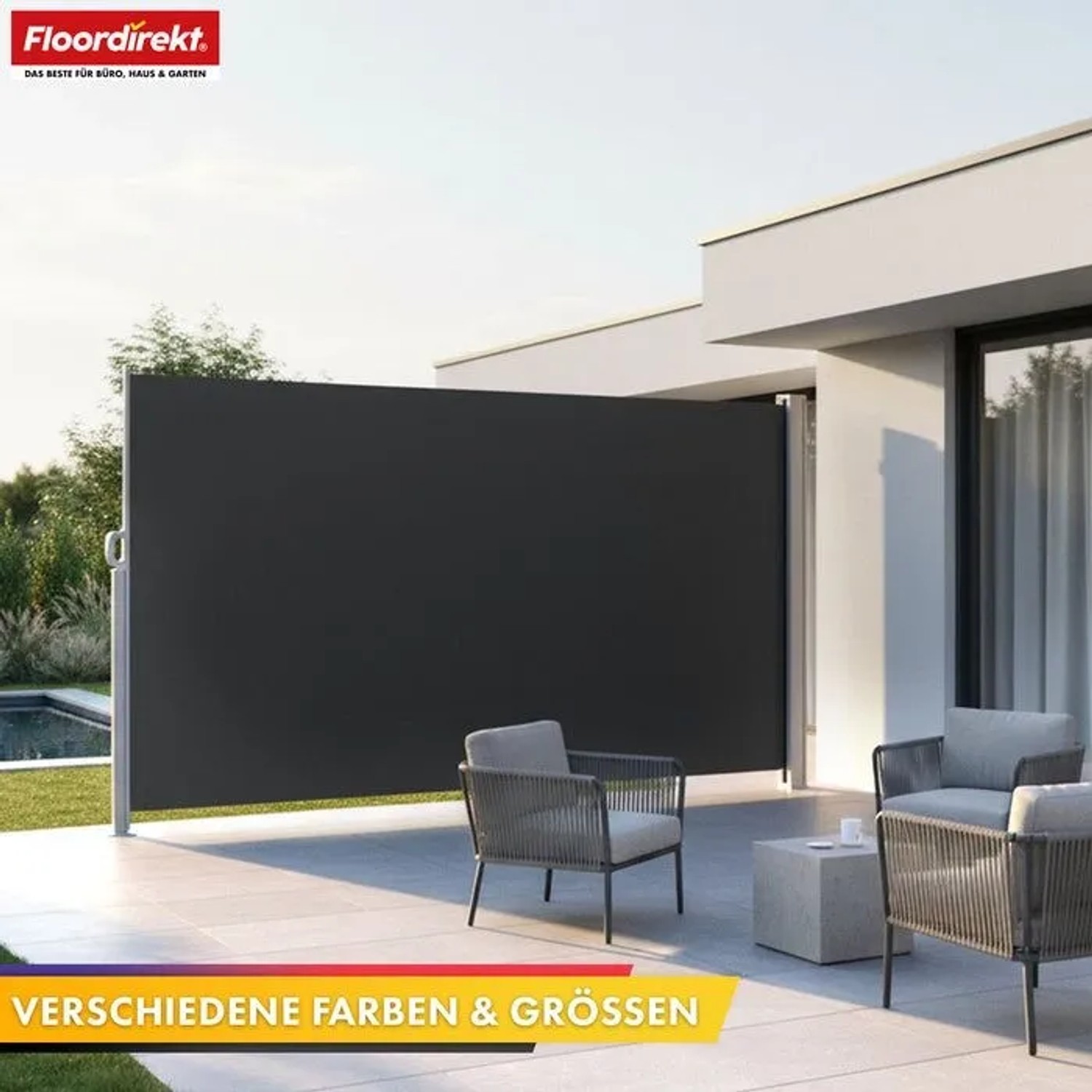 Anthrazitfarbene Floordirekt Seitenmarkise, ausziehbar, als Alu-Sichtschutz und Sonnenschutz für Terrasse und Garten.