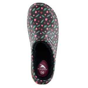 Blackfox Clog Mily, Größe 37, schwarz mit Blumenmuster, gefütterte Gartenbekleidung.