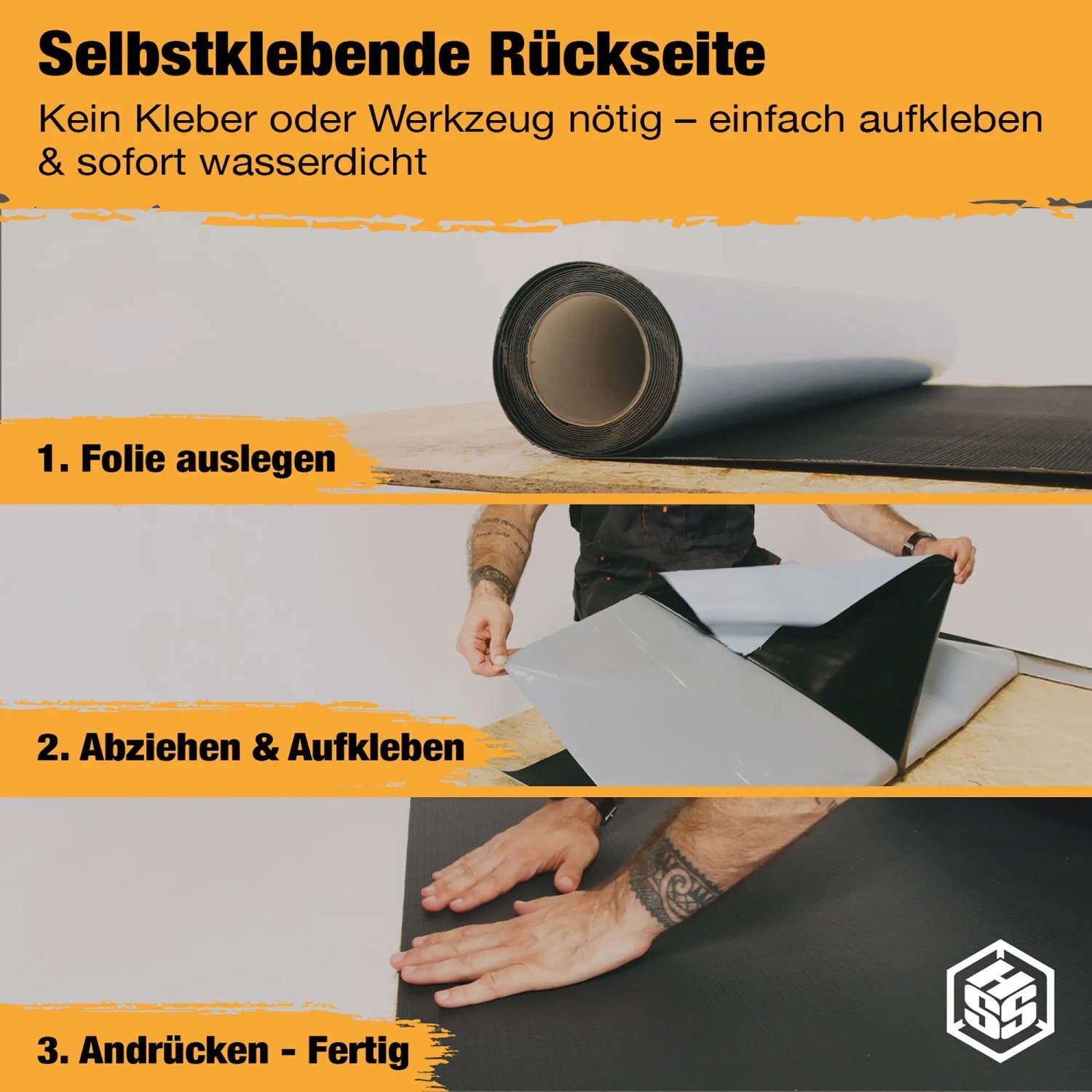 Anwendung der selbstklebenden HSS EPDM Dachfolie EasyStick in drei Schritten: Auslegen, Aufkleben, Andrücken.