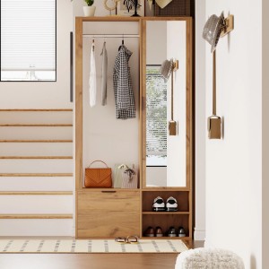 Multifunktionaler Garderobenschrank aus Naturholz mit Spiegel, Kleiderstange, Schublade und Schuhregal für den Flur.