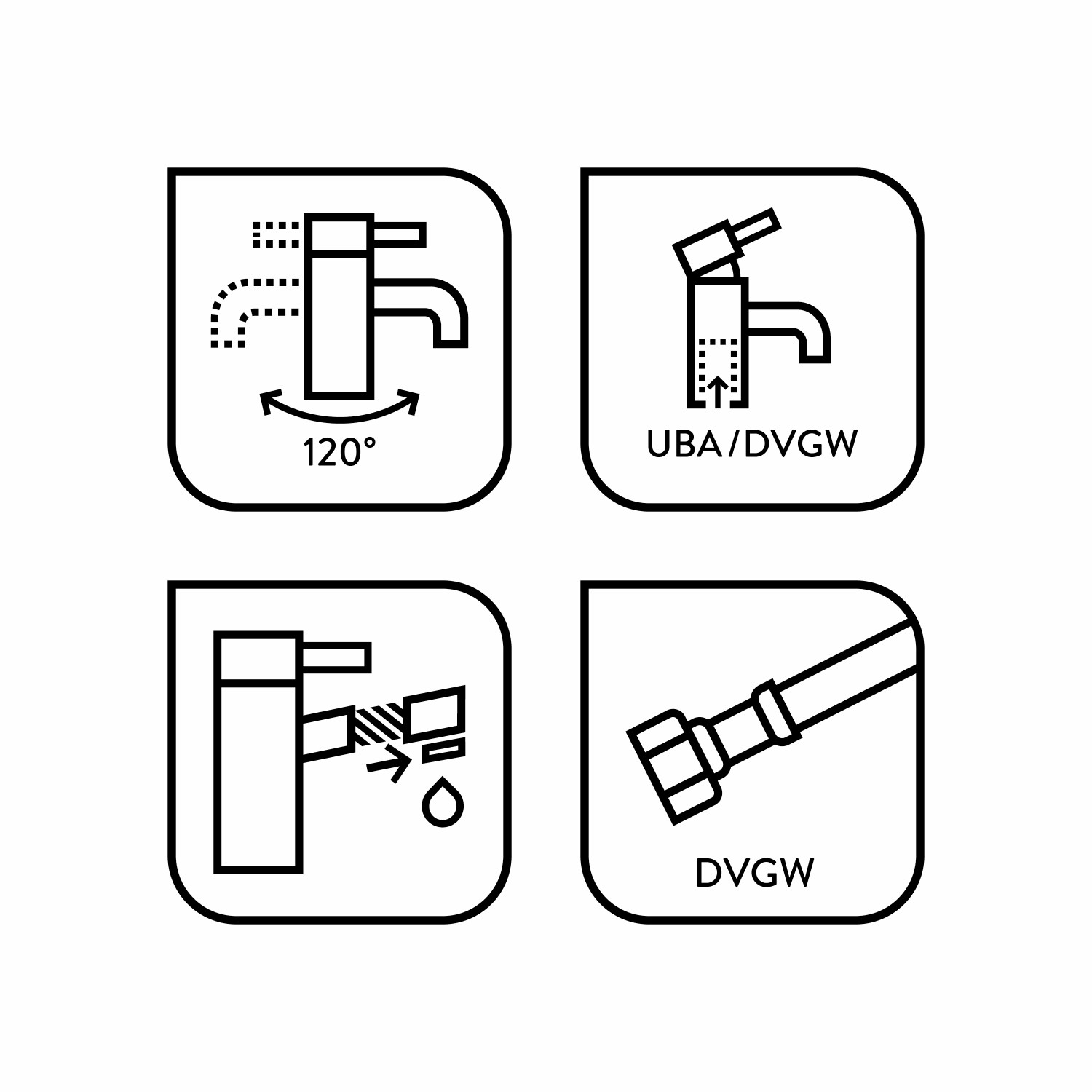 Piktogramme zur baliv Küchenarmatur KI-1120: Schwenkbereich, Brausefunktion, UBA/DVGW-Zertifizierung, Schlauch.