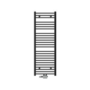 Anthrazitfarbener Badheizkörper 50x150 cm mit Thermostat und Mittelanschluss.