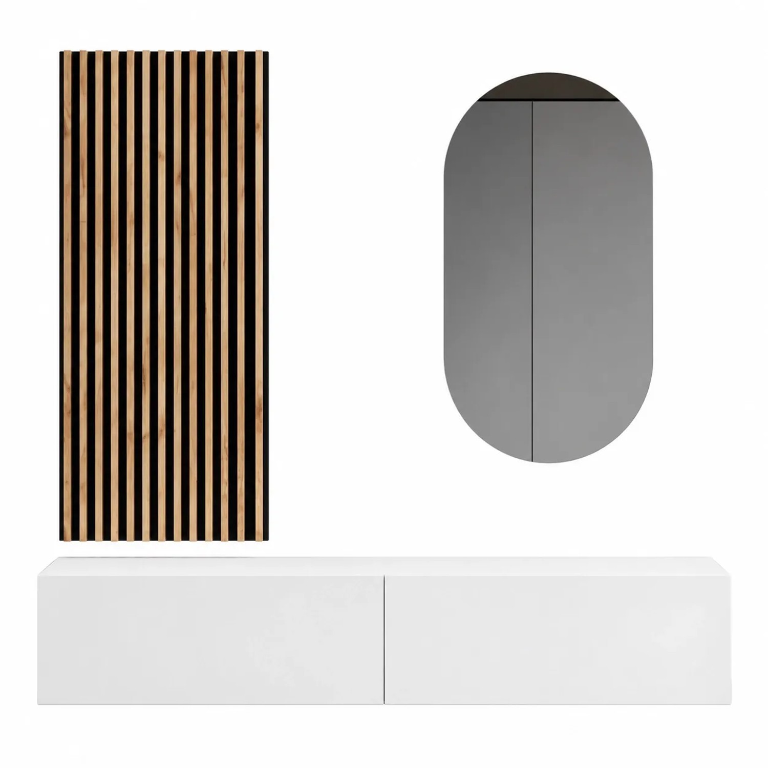 Planetmöbel Flurgarderobe Set 160 cm Weiß mit Wandpaneel und Spiegel ohne LED Beleuchtung
