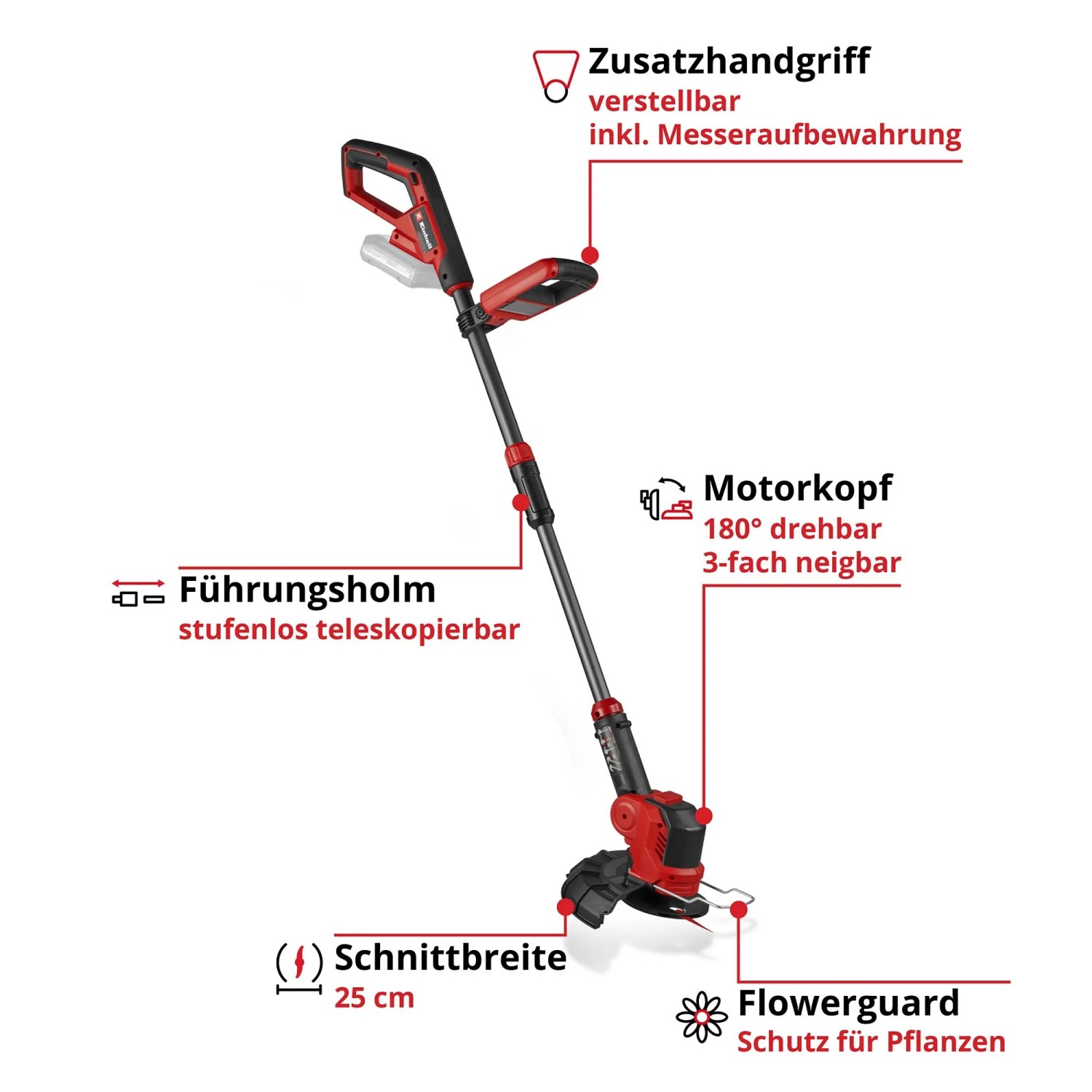 Einhell Akku-Rasentrimmer GE-CT 18/25-1 Li-Solo: Rot-schwarzer Trimmer mit verstellbarem Holm und Flowerguard.