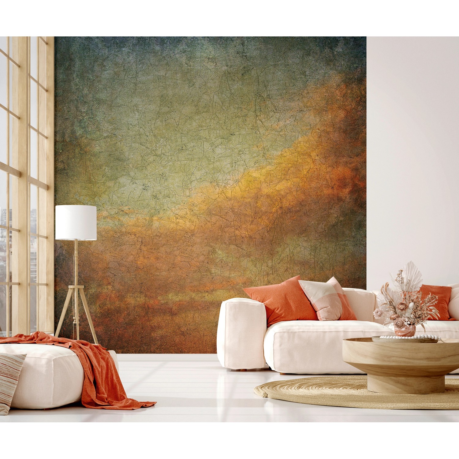 Moderne, grüne Marburg Fototapete mit grafischem Muster im Wohnzimmer.