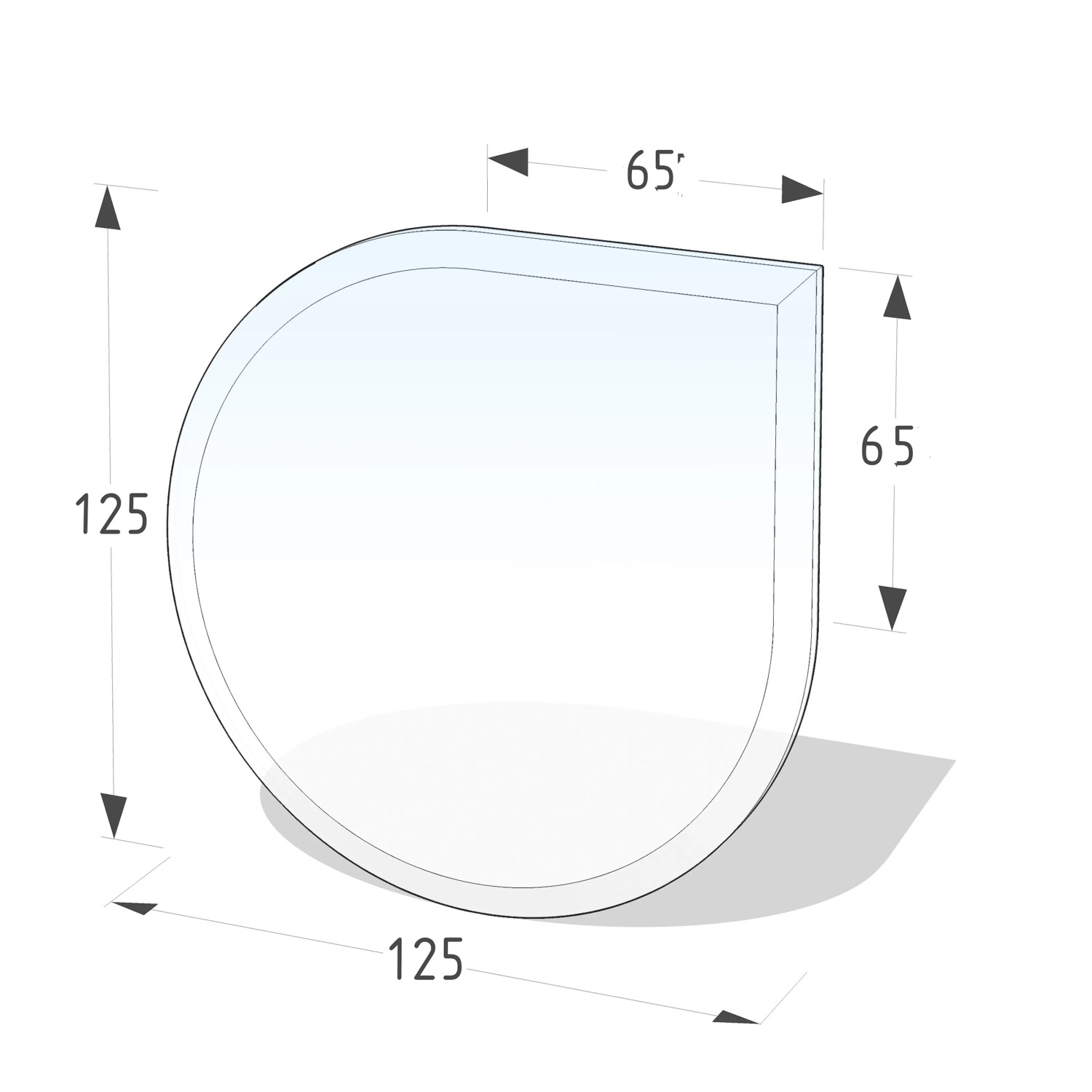 Lienbacher Funkenschutzplatte aus Glas in Tropfenform, 8mm stark, mit Maßangaben.